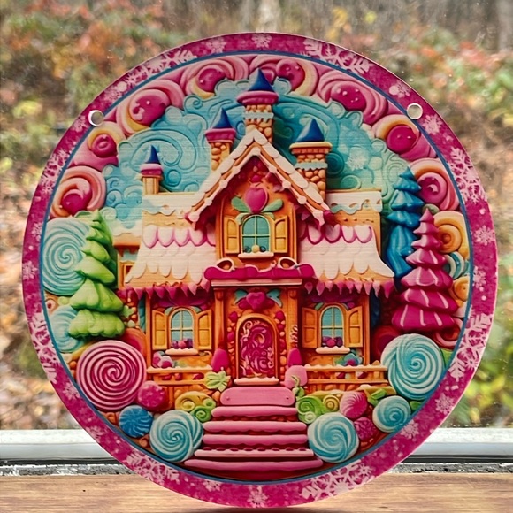 Suncatcher Gingerbread Christmas Holiday Pink Victorian House Acrylic Decor 6” - Picture 1 of 3